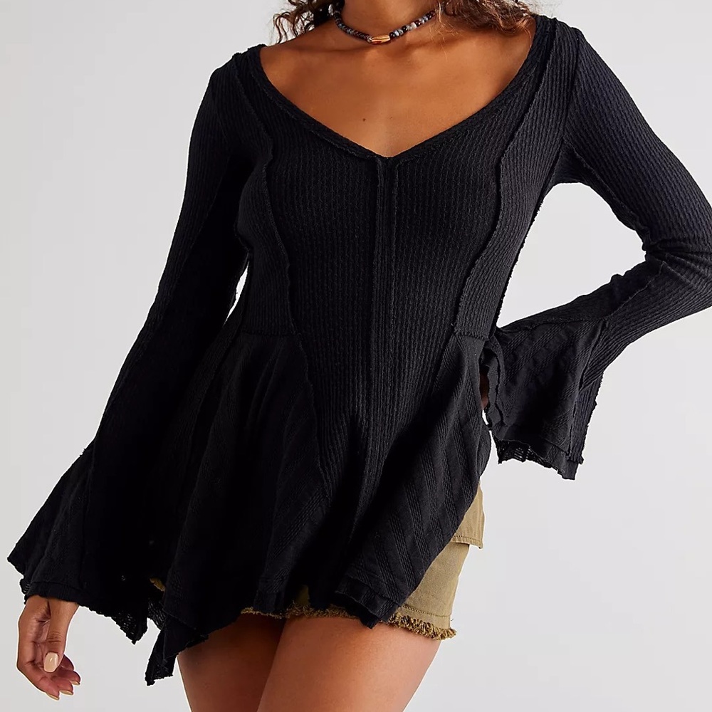 Free People Black Ribbed V-Neck Long Sleeve Peplum Top